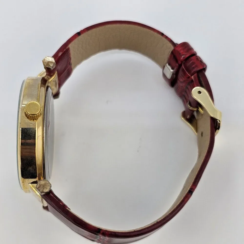 Women's Watch 38MM Cream Dial Roman‎ Numerals Red Faux Leather Bands New Battery